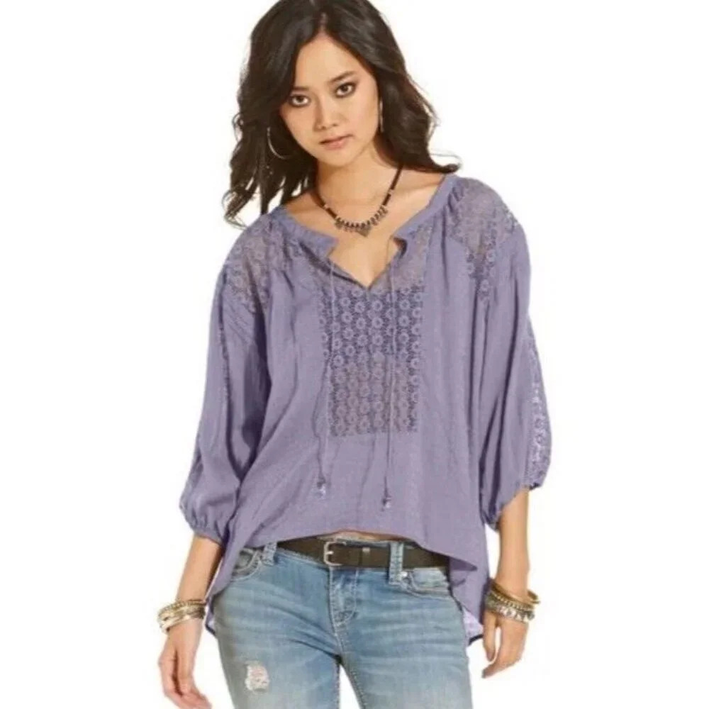 Free People Womens 3/4 Sleeve Moon River Peasant Tunic Top Size S V-Neck Purple